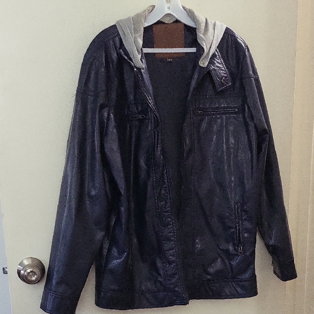 CAVALINI MEN'S FAUX LEATHER HOODED JACKET LONG SLEEVES ZIPPER POCKETS LINED